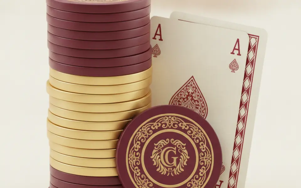 Tumpukan chip poker merah anggur dan emas